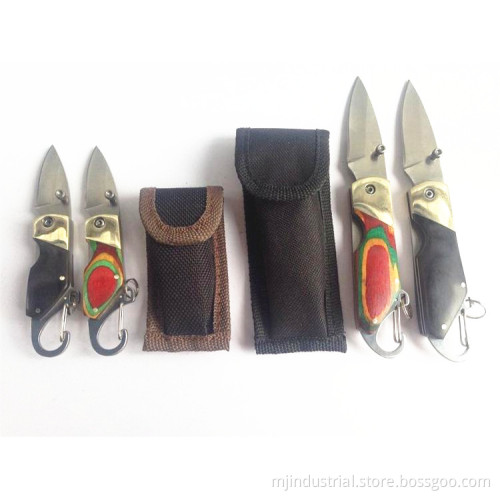 Folding knife with stainless steel handle mattached colored wood or pakkawood.